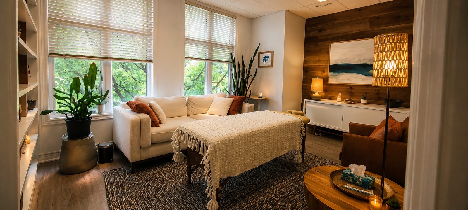 The Light and Balance treatment room in Nepean, Ottawa, a warm softly lit space with a treatment table, natural light and plants